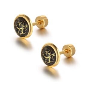 Eurocharms Pánske puzetové náušnice z chirurgickej ocele – Pozlatené s efektom čierneho mramoru