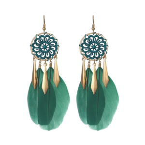 Pozlatené náušnice Lapač snov – zelené boho pierka