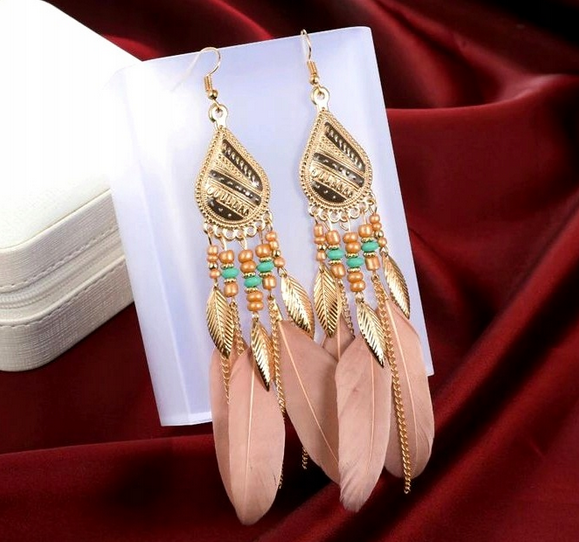 Pozlatené náušnice lapač snov s pudrovo-rúžovými pierkami – BOHO štýl – Obrázok 4