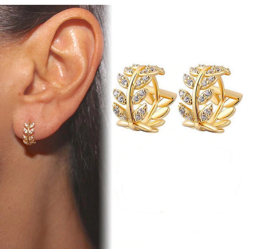 Pozlátené listové náušnice s kamienkami - Golden Leaf – Obrázok 3