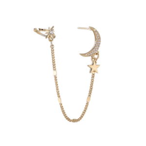 Pozlátená náušnica Hviezdna obloha s retiazkou - Moon & Star Earring