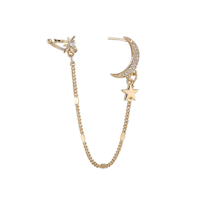 Pozlátená náušnica Hviezdna obloha s retiazkou - Moon & Star Earring