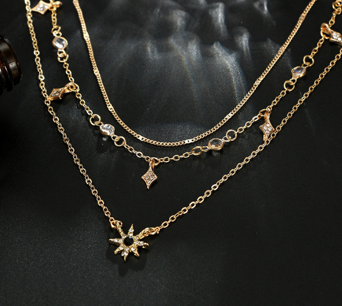 Náhrdelník pozlátená hviezda 3v1 – Viacvrstvový retiazkový šperk so zirkónmi – Obrázok 3