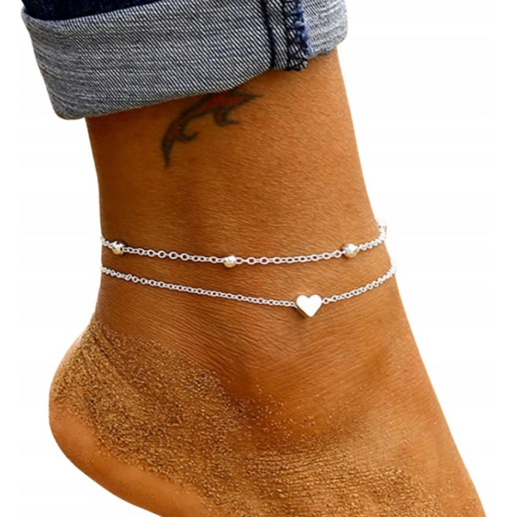 Postriebrený Náramok na Členok Srdce a Guličky 2 ks