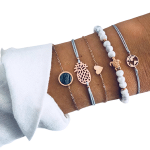 Eurocharms Sada náramkov Ananás, Korytnačka, Srdce a Planéta – 5 kusov