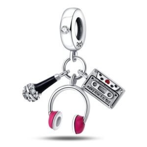 Eurocharms Strieborný Prívesok S925 Slúchadlá, Mikrofón a Kazeta