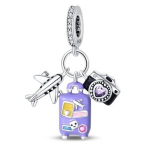 Eurocharms Strieborný Prívesok S925 Lietadlo, Fialový Kufor, Fotoaparát