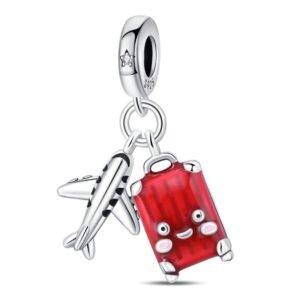 Eurocharms Strieborný Prívesok S925 Cestovanie, Lietadlo, Červený Kufor