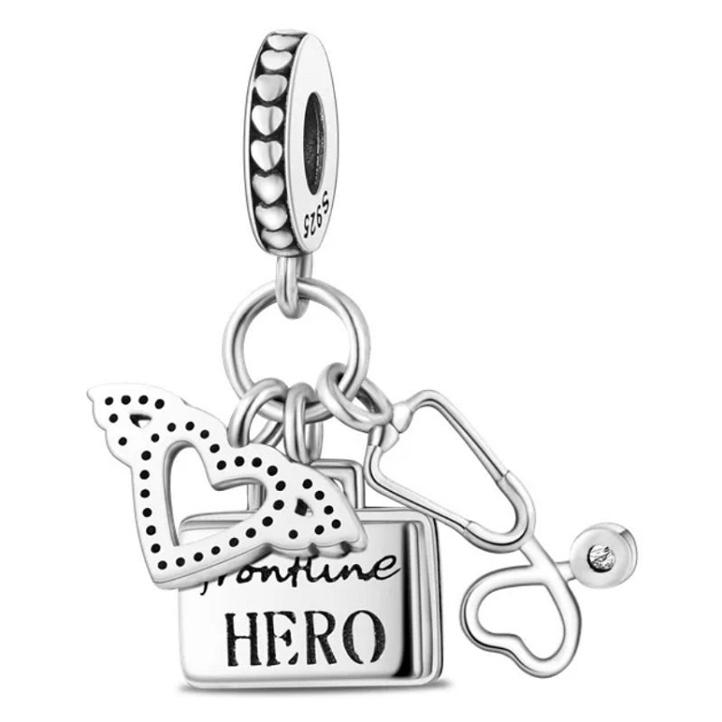 Strieborný prívesok S925 Stetoskop, Lekárnička, Srdce s Krídlami – Obrázok 2