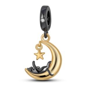 Strieborný prívesok S925 Mačka na Zlatom Mesiaci