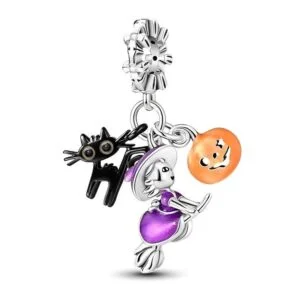 Eurocharms Strieborný Prívesok S925 Halloween Čarodejnica, Mačka a Tekvica