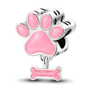 Eurocharms Strieborný Prívesok S925 Ružová Labka s Visiacou Kostičkou