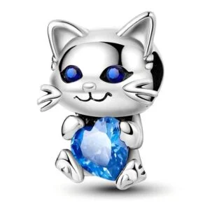 Eurocharms Strieborný Prívesok S925 Mačka s Modrým Srdcom