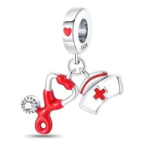 Eurocharms Strieborný Prívesok S925 Stetoskop a Čiapka Zdravotnej Sestry