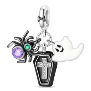 Eurocharms Strieborný Prívesok S925 Halloween Pavúk, Truhla a Duch