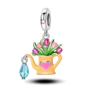 Eurocharms Strieborný Prívesok S925 Kanvička s Tulipánmi