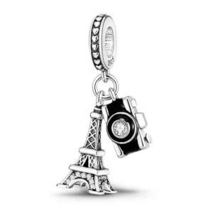 Strieborný prívesok S925 charms Eiffelova veža s fotoaparátom