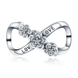 Strieborný prívesok S925 charms Symbol Nekonečno - nápis Love s kvetmi