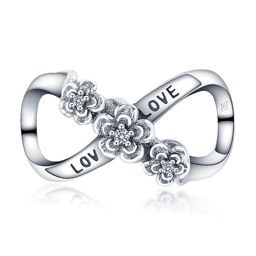 Strieborný prívesok S925 charms Symbol Nekonečno - nápis Love s kvetmi