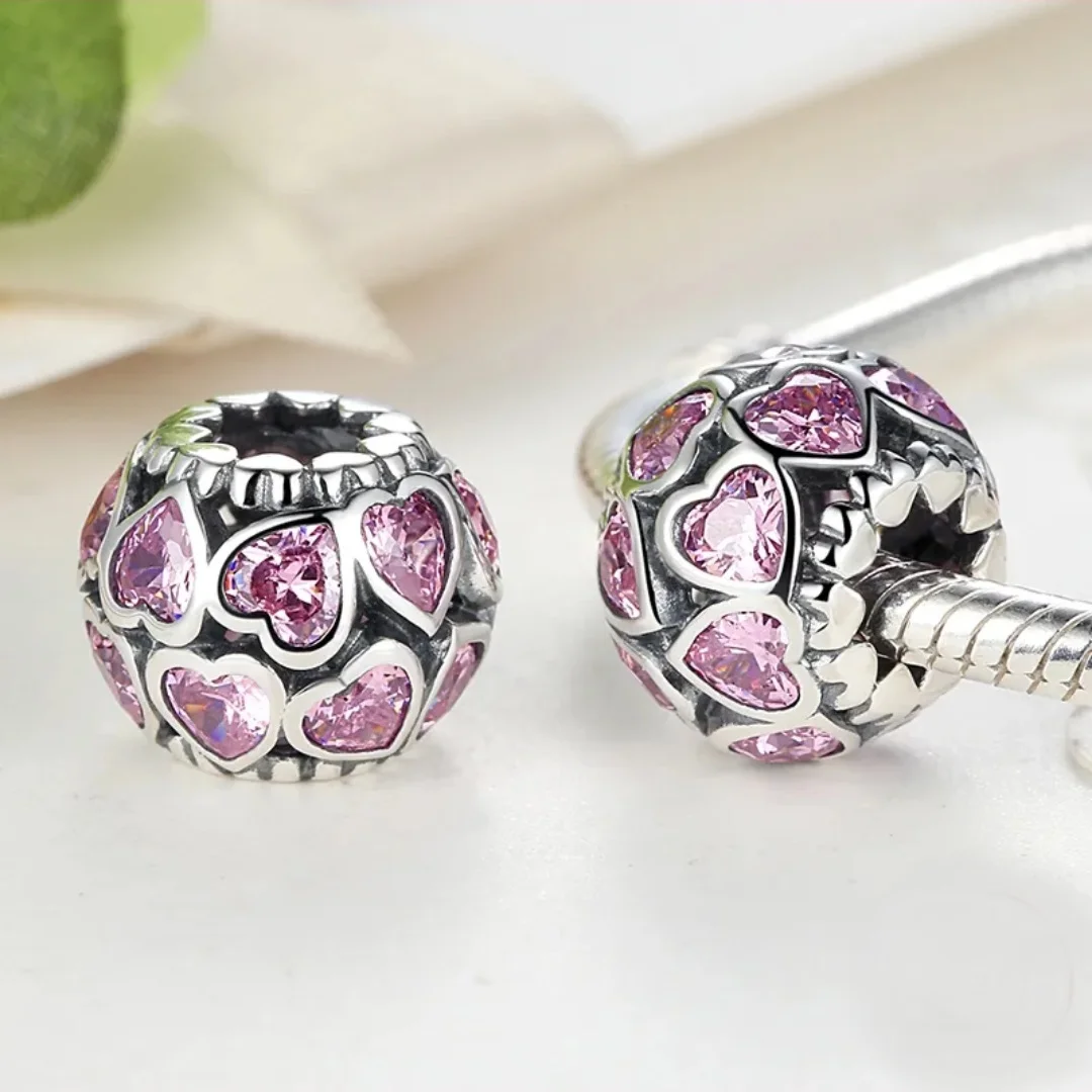 Strieborný prívesok S925 charms Ružové srdiečka – Obrázok 3